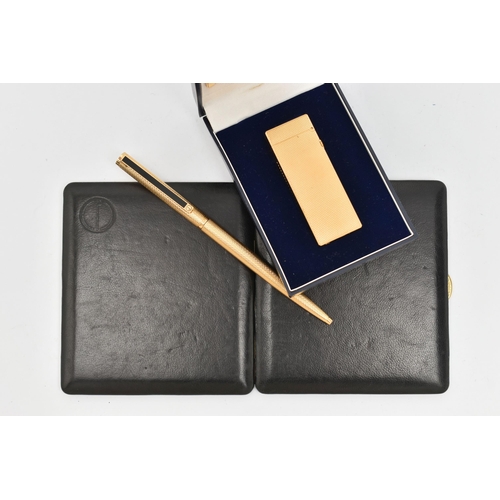 64 - THREE DUNHILL ITEMS, to include an engine turned Dunhill lighter, with maker's case and guarantee, a... 