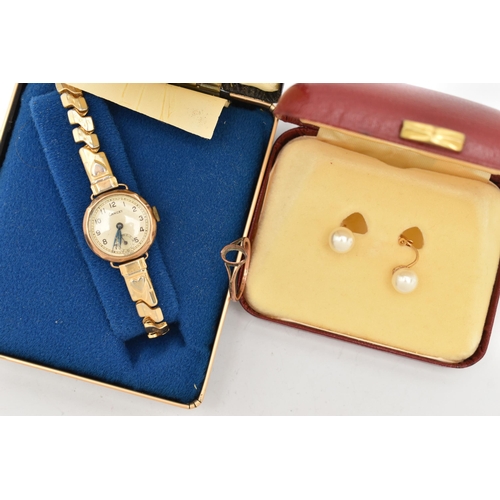 65 - A LADIES 9CT WATCH, A ROSE METAL RING MOUNT, AND A PAIR OF EARRINGS, to include a ladies manual wind... 