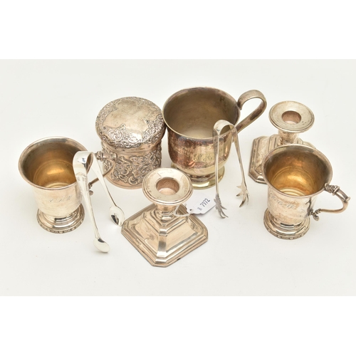 76 - A PARCEL OF SILVER AND SILVER PLATE, comprising a pair of Elizabeth II silver christening mugs of co... 