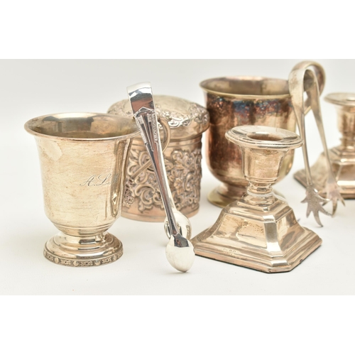 76 - A PARCEL OF SILVER AND SILVER PLATE, comprising a pair of Elizabeth II silver christening mugs of co... 