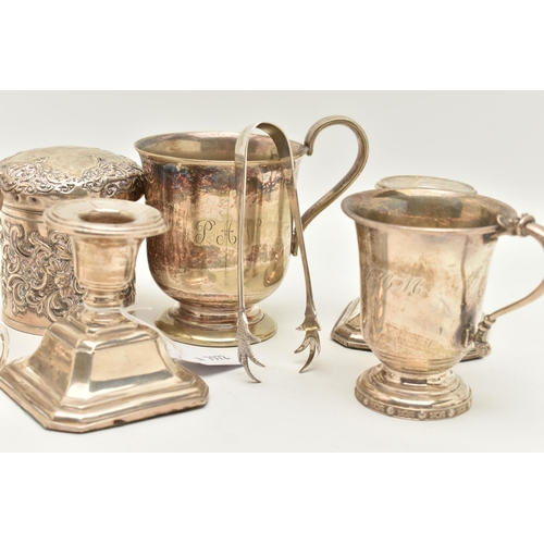 76 - A PARCEL OF SILVER AND SILVER PLATE, comprising a pair of Elizabeth II silver christening mugs of co... 