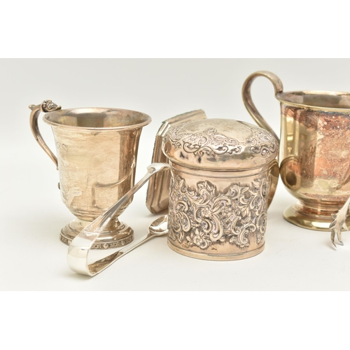 76 - A PARCEL OF SILVER AND SILVER PLATE, comprising a pair of Elizabeth II silver christening mugs of co... 