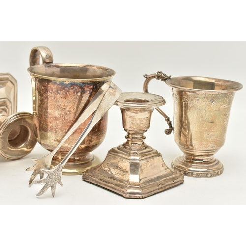 76 - A PARCEL OF SILVER AND SILVER PLATE, comprising a pair of Elizabeth II silver christening mugs of co... 