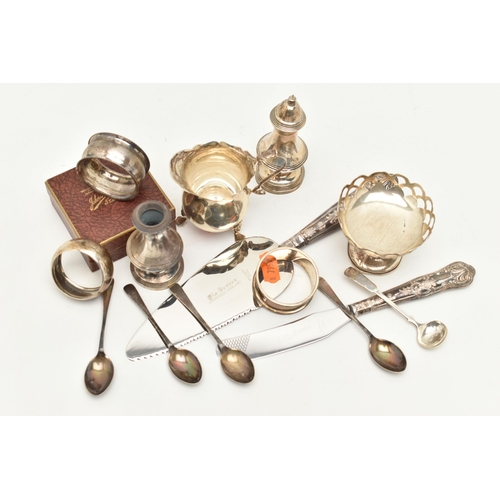 79 - ASSORTED SILVER ITEMS, to include a milk jug wavy rim, raised on four cabriole legs and scroll handl... 