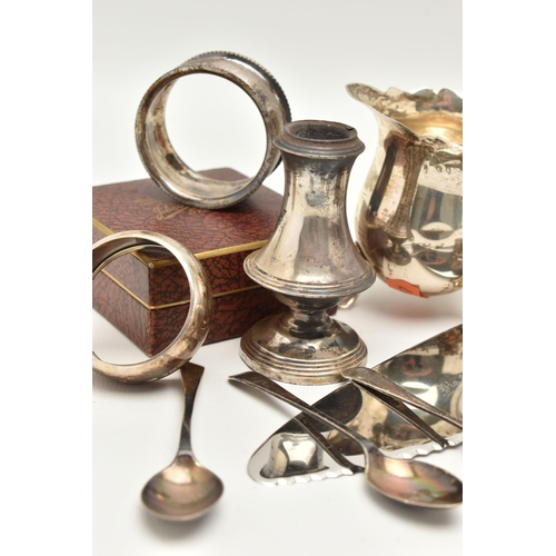 79 - ASSORTED SILVER ITEMS, to include a milk jug wavy rim, raised on four cabriole legs and scroll handl... 