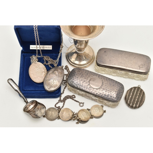 80 - A SELECTION OF SILVER AND WHITE METAL ITEMS, to include a Victorian oval locket, unmarked, a further... 