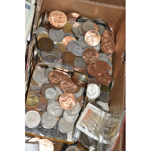 101 - A LARGE AND HEAVY BOX OF WORLD COINS, to include Pre Decimal UK coins sorted into packets, other loo... 