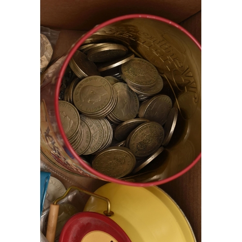 104 - A CARDBOARD BOX OF MIXED COINAGE, to include a cased Moscow 1980s Olympic coin set, a 1899 Victoria ... 