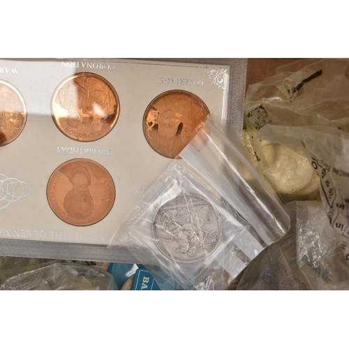 104 - A CARDBOARD BOX OF MIXED COINAGE, to include a cased Moscow 1980s Olympic coin set, a 1899 Victoria ... 