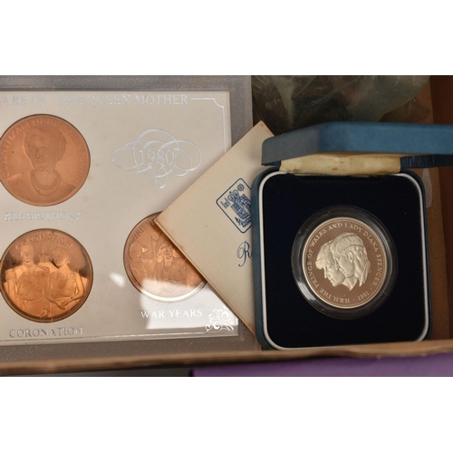 104 - A CARDBOARD BOX OF MIXED COINAGE, to include a cased Moscow 1980s Olympic coin set, a 1899 Victoria ... 