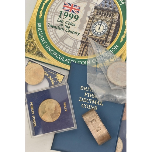 107 - A SMALL BOX  CONTAINING A 1999 AND 2000 YEAR SETS, early pre decimal coin set, £5 coin, a Sterling S... 