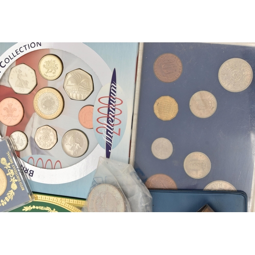 107 - A SMALL BOX  CONTAINING A 1999 AND 2000 YEAR SETS, early pre decimal coin set, £5 coin, a Sterling S... 