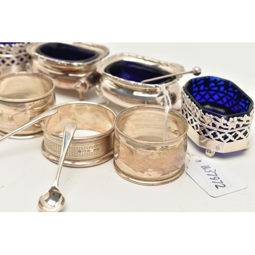 81 - ASSORTED SILVER NAPKIN RINGS AND SALTS, to include a pair of polished napkin rings, hallmarked 'Barr... 