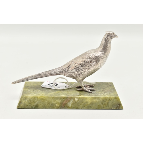 82 - AN ELIZABETH II SILVER PHEASANT, mounted on a green hardstone base, approximate base length 144mm x ... 