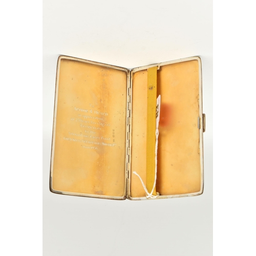 83 - A SILVER CIGARETTE CASE, of a rectangular form with engine turned pattern, push button clasp, gilt i... 