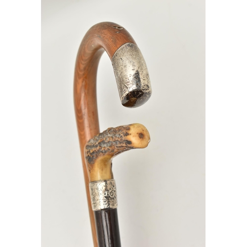 84 - A PAIR OF WALKING STICKS, the first a wooden walking stick with a silver stick mount, approximate le... 