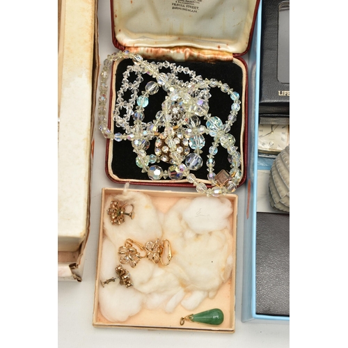 85 - A BOX OF ASSORTED JEWELLERY, to include a pair of white metal, marcasite and imitation pearl screw b... 