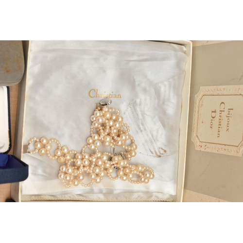 85 - A BOX OF ASSORTED JEWELLERY, to include a pair of white metal, marcasite and imitation pearl screw b... 