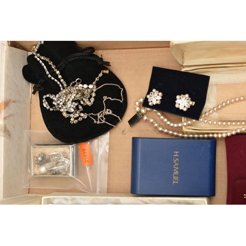 85 - A BOX OF ASSORTED JEWELLERY, to include a pair of white metal, marcasite and imitation pearl screw b... 