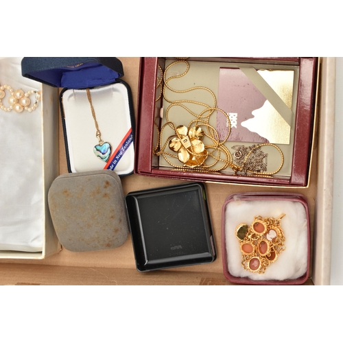 85 - A BOX OF ASSORTED JEWELLERY, to include a pair of white metal, marcasite and imitation pearl screw b... 