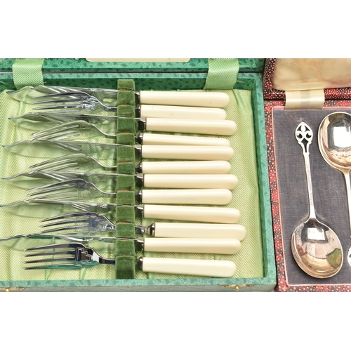 86 - A BOX OF MAINLY SILVER PLATED CUTLERY, to include an early 20th century cut glass scent bottle with ... 