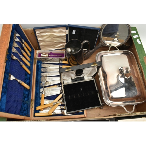 87 - A BOX OF SILVER PLATE, including a Walker & Hall chafing dish, lacks burner, assorted loose and case... 