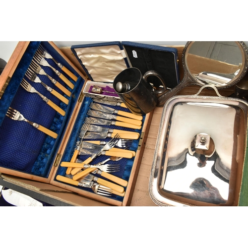 87 - A BOX OF SILVER PLATE, including a Walker & Hall chafing dish, lacks burner, assorted loose and case... 