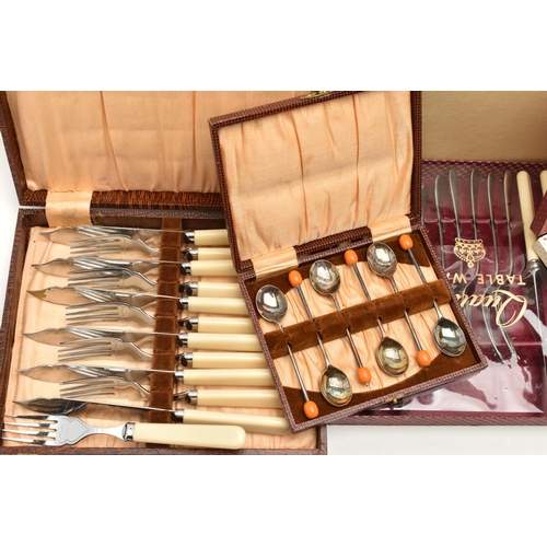 88 - A BOX OF ASSORTED BOXED CUTLERY SETS, to include a cased set of fish eaters fitted with ivorine hand... 