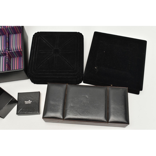 90 - AN ASSORTMENT OF BOXES, to include a 'Dulwich Designs', black leather six watch  box, two large neck... 