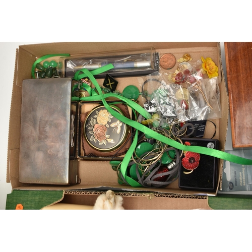 91 - A BOX OF ASSORTED ITEMS, to include a jewellery box with a small quantity of costume jewellery, a 'S... 