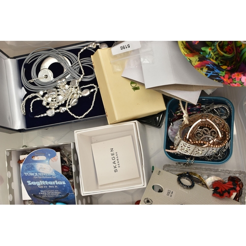 92 - A PLASTIC BOX OF ASSORTED ITEMS, to include costume jewellery, tobacco box, a boxed silk scarf, and ... 