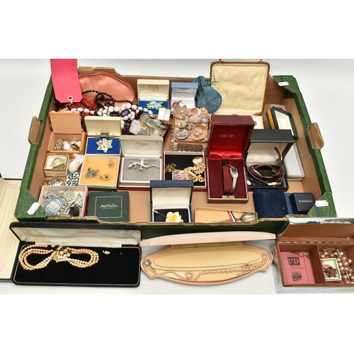 93 - A BOX OF ASSORTED COSTUME JEWELLERY AND ITEMS, to include various beaded necklaces, chains, ceramic ... 