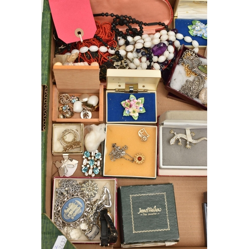 93 - A BOX OF ASSORTED COSTUME JEWELLERY AND ITEMS, to include various beaded necklaces, chains, ceramic ... 