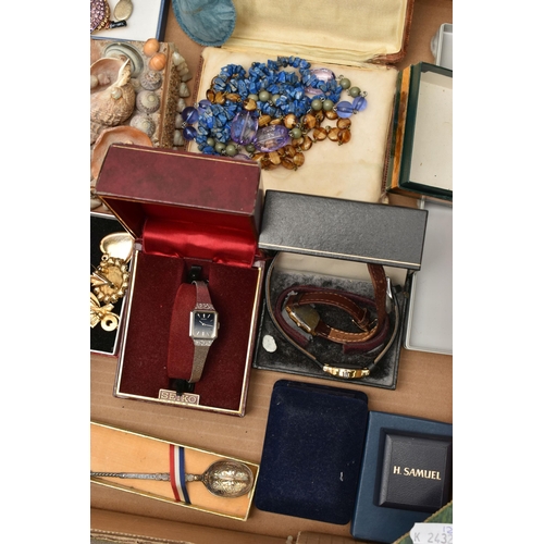 93 - A BOX OF ASSORTED COSTUME JEWELLERY AND ITEMS, to include various beaded necklaces, chains, ceramic ... 