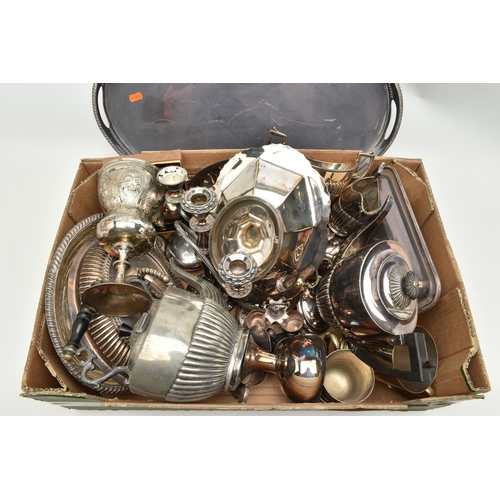 94 - A BOX OF ASSORTED WHITE METAL WARE, to include a large oval EPNS tray, a four piece EP tea set compr... 