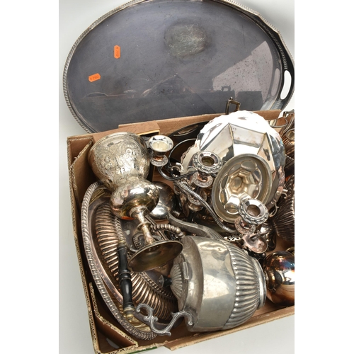 94 - A BOX OF ASSORTED WHITE METAL WARE, to include a large oval EPNS tray, a four piece EP tea set compr... 