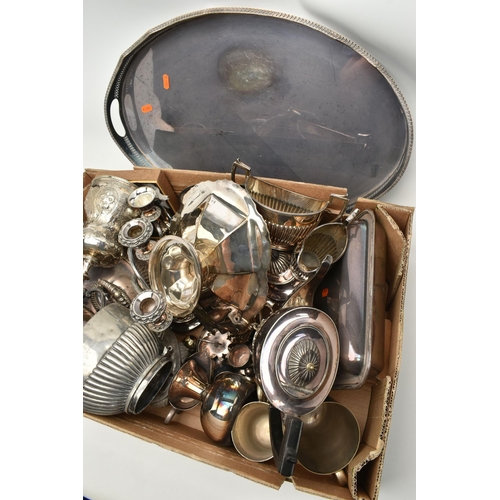 94 - A BOX OF ASSORTED WHITE METAL WARE, to include a large oval EPNS tray, a four piece EP tea set compr... 