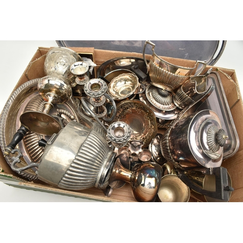 94 - A BOX OF ASSORTED WHITE METAL WARE, to include a large oval EPNS tray, a four piece EP tea set compr... 