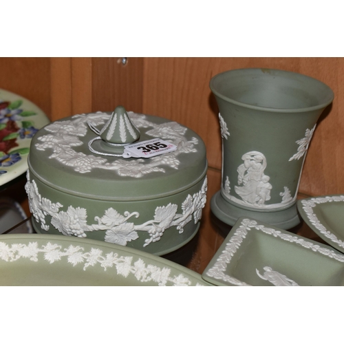 365 - FIVE PIECES OF SAGE GREEN WEDGWOOD JASPERWARE, comprising a covered pot, an oval tray, a vase height... 