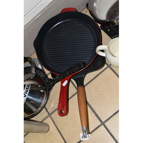 367 - A GROUP OF KITCHENWARE, comprising a red cast iron AGA 907308 griddle pan, a square AGA griddle pan ... 