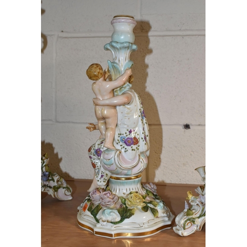 368 - A PAIR OF DRESDEN STYLE PORCELAIN FIGURAL CANDLE STICKS AND ONE OTHER, comprising a pair of Dresden ... 