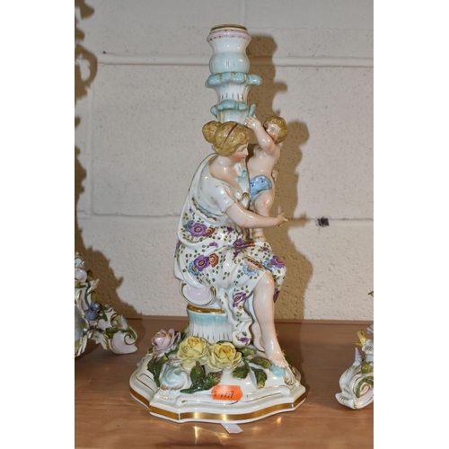 368 - A PAIR OF DRESDEN STYLE PORCELAIN FIGURAL CANDLE STICKS AND ONE OTHER, comprising a pair of Dresden ... 