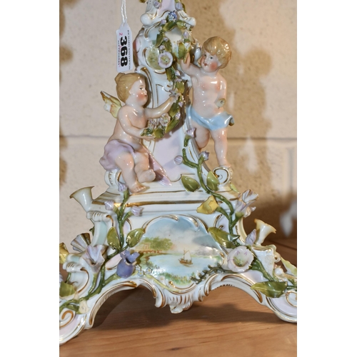 368 - A PAIR OF DRESDEN STYLE PORCELAIN FIGURAL CANDLE STICKS AND ONE OTHER, comprising a pair of Dresden ... 