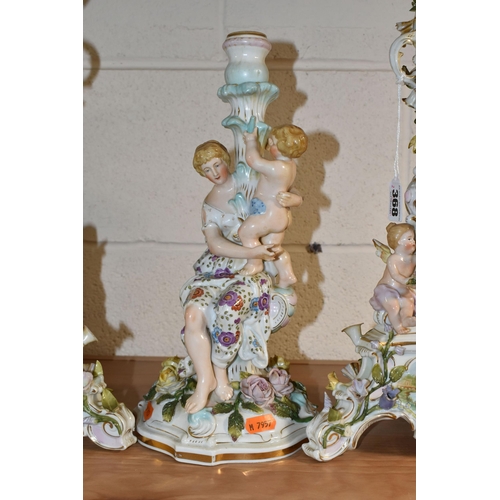 368 - A PAIR OF DRESDEN STYLE PORCELAIN FIGURAL CANDLE STICKS AND ONE OTHER, comprising a pair of Dresden ... 