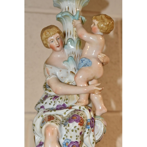 368 - A PAIR OF DRESDEN STYLE PORCELAIN FIGURAL CANDLE STICKS AND ONE OTHER, comprising a pair of Dresden ... 