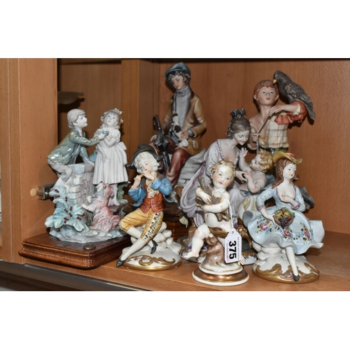 375 - A GROUP OF CAPODIMONTE PORCELAIN FIGURES,  comprising a figure of a young boy with a falcon, signatu... 