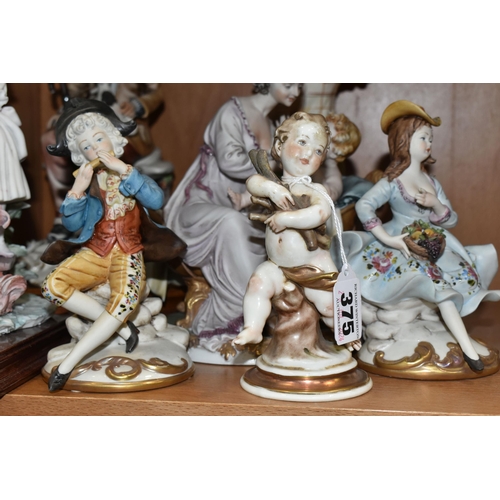 375 - A GROUP OF CAPODIMONTE PORCELAIN FIGURES,  comprising a figure of a young boy with a falcon, signatu... 