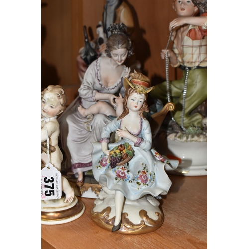 375 - A GROUP OF CAPODIMONTE PORCELAIN FIGURES,  comprising a figure of a young boy with a falcon, signatu... 