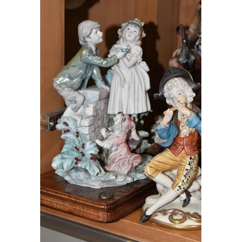 375 - A GROUP OF CAPODIMONTE PORCELAIN FIGURES,  comprising a figure of a young boy with a falcon, signatu... 