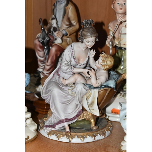 375 - A GROUP OF CAPODIMONTE PORCELAIN FIGURES,  comprising a figure of a young boy with a falcon, signatu... 